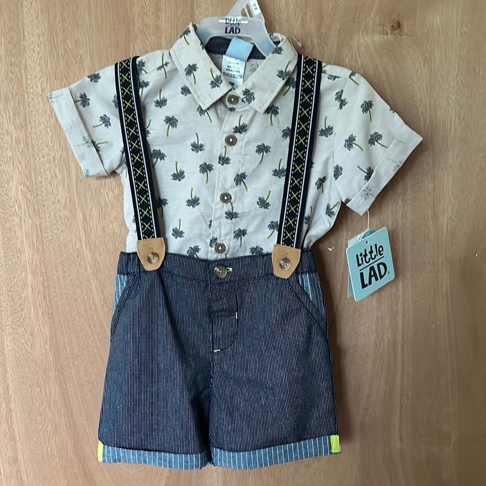 Little Lad Palm Trees and Suspenders Three Piece Set 18mo with denim shorts